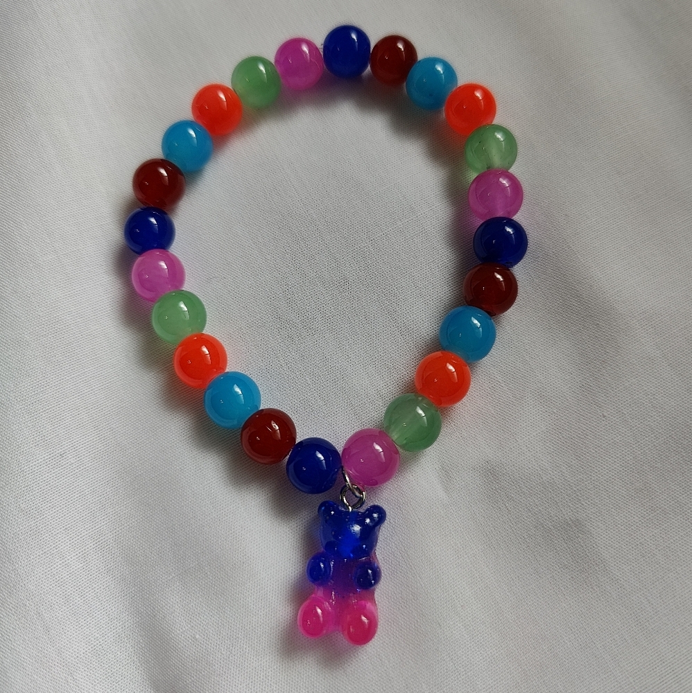 Handmade Multicolored Glass Beaded Bracelet with Teddy Bear Charm